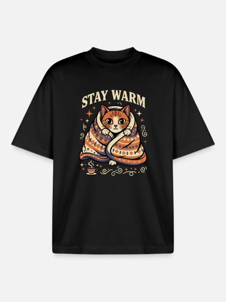 Bleib Warm Kuschelkatze Motiv - Boxy Heavyweight Unisex Organic T-Shirt von Stanley/Stella - Schwarz