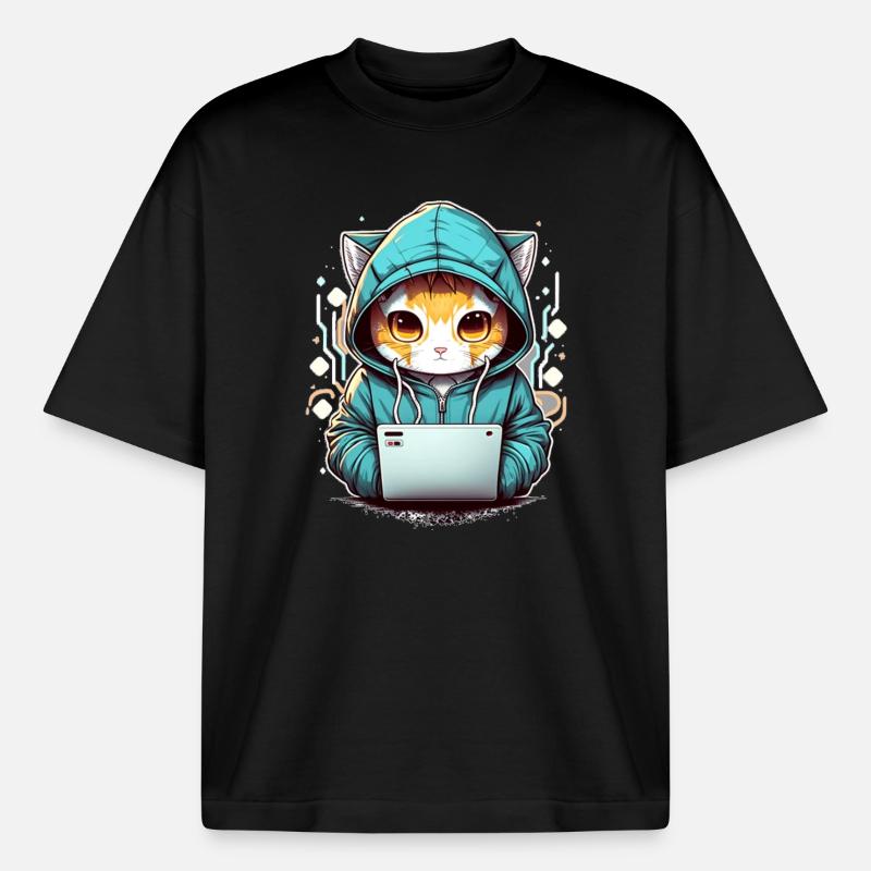 Coding cat - Boxy Heavyweight Unisex Organic T-Shirt by Stanley/Stella - black