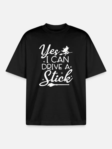 Whimsical Witch Riding Broom Illustration - Boxy Heavyweight Unisex Organic T-Shirt by Stanley/Stella - black