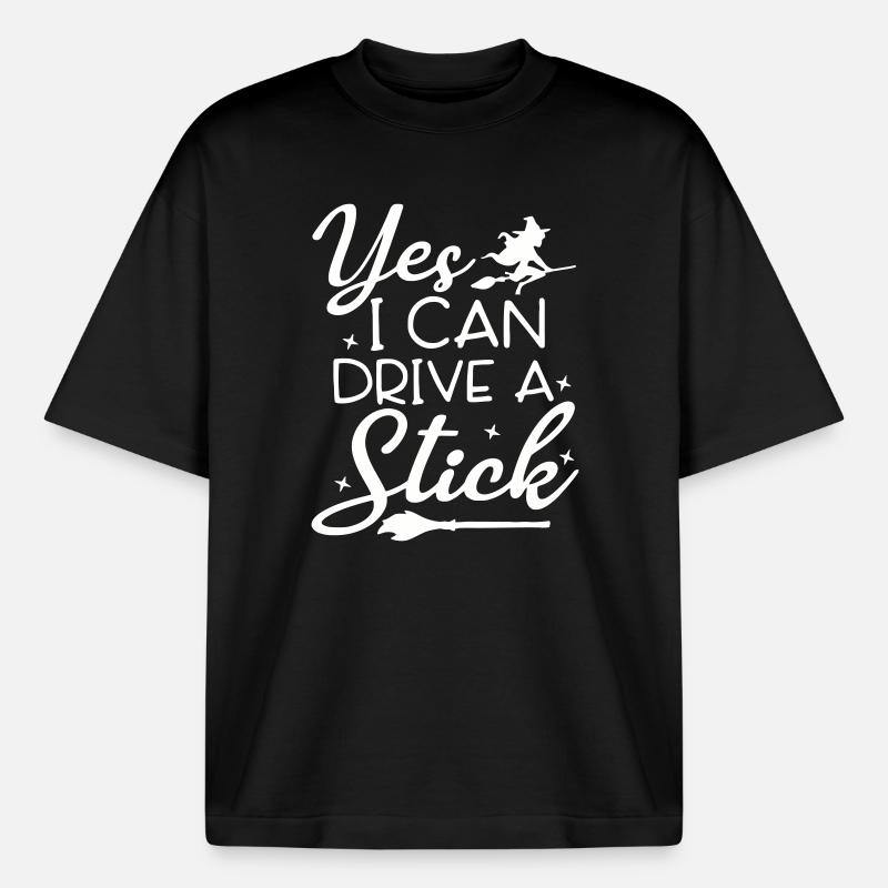 Whimsical Witch Riding Broom Illustration - Boxy Heavyweight Unisex Organic T-Shirt by Stanley/Stella - black