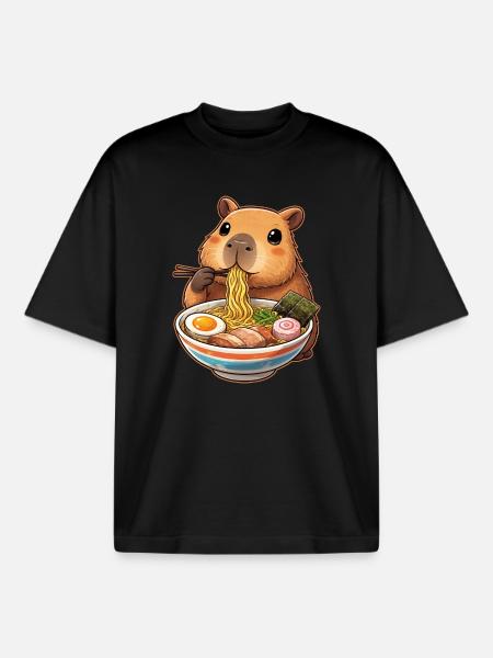 Capybara Eats Ramen Noodles - Boxy Heavyweight Unisex Organic T-Shirt by Stanley/Stella - black