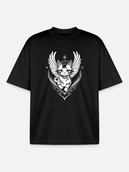 White Angel Cat with Wings - Boxy Heavyweight Unisex Organic T-Shirt by Stanley/Stella - black