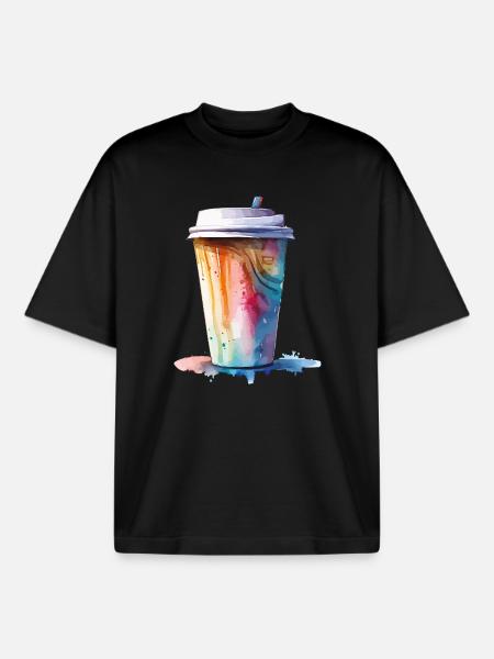 Cappuccino Coffee Mug Art - Boxy Heavyweight Unisex Organic T-Shirt by Stanley/Stella - black