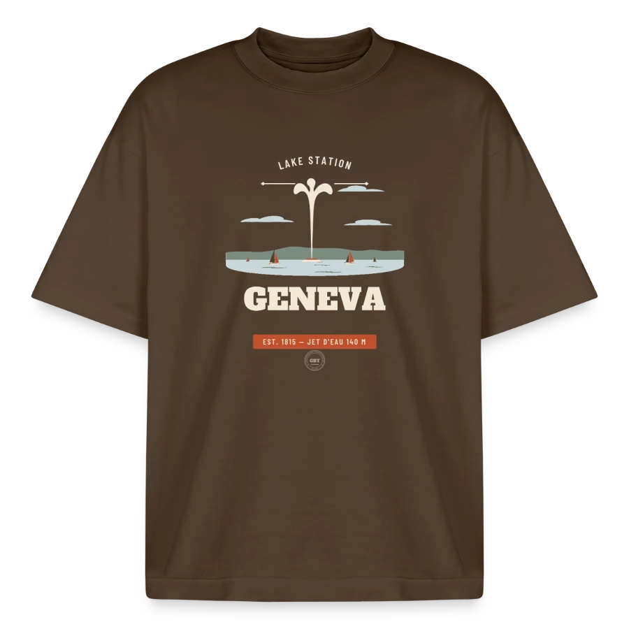 Geneva badge on a boxy heavyweight unisex organic t-shirt by stanley/stella, mocha