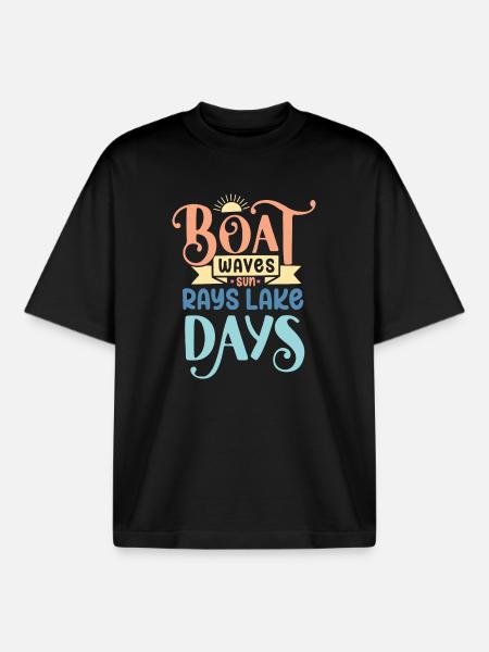 Boat Waves Sun Rays Lake Days - Boxy Heavyweight Unisex Organic T-Shirt by Stanley/Stella - black