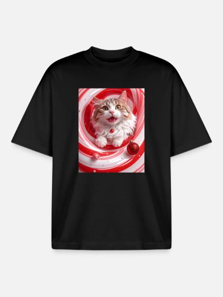 Christmas Cat in Red Peppermint Swirl - Boxy Heavyweight Unisex Organic T-Shirt by Stanley/Stella - black