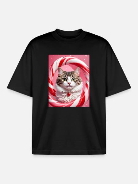 Christmas Cat in Candy Ring Design - Boxy Heavyweight Unisex Organic T-Shirt by Stanley/Stella - black