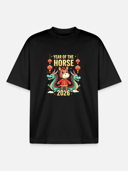 Nouvel An chinois du cheval 2026 - T-shirt unisexe boxy épais biologique Stanley/Stella - noir