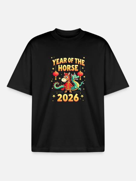 Nouvel An chinois du cheval 2026 - T-shirt unisexe boxy épais biologique Stanley/Stella - noir