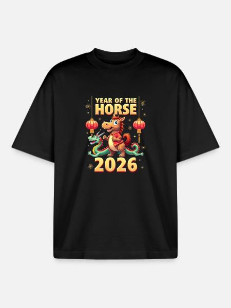Nouvel An chinois du cheval 2026 - T-shirt unisexe boxy épais biologique Stanley/Stella - noir