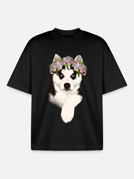 Husky mit Blumenkrone - Boxy Heavyweight Unisex Organic T-Shirt von Stanley/Stella - Schwarz