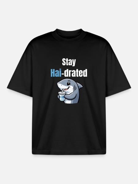 Shark-drated | Funny cartoon shark with drink - Boxy Heavyweight Unisex Organic T-Shirt by Stanley/Stella - black