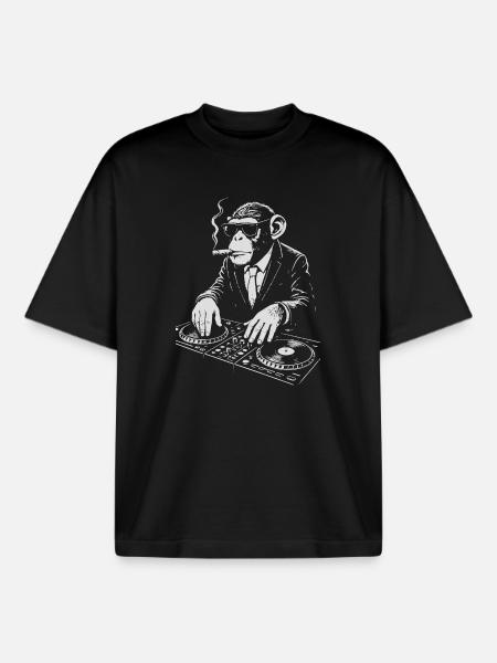 DJ Monkey in Suit playing music - Boxy Heavyweight Unisex Organic T-Shirt by Stanley/Stella - black