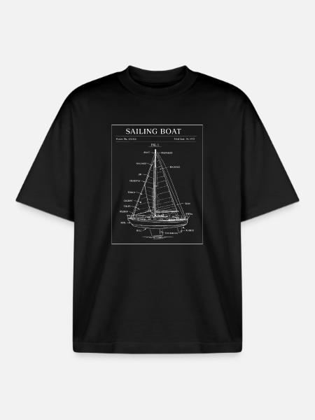 Sailing Boat Blueprint Line Art - Boxy Heavyweight Unisex Organic T-Shirt by Stanley/Stella - black