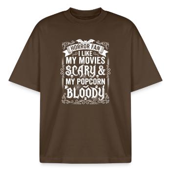 Horror Fan: Movies, Blood, Popcorn - Boxy Heavyweight Unisex Organic T-Shirt by Stanley/Stella - mocha - Front - AI Model Male 185 light (185cm) & AI Model Female 172 dark (172cm)