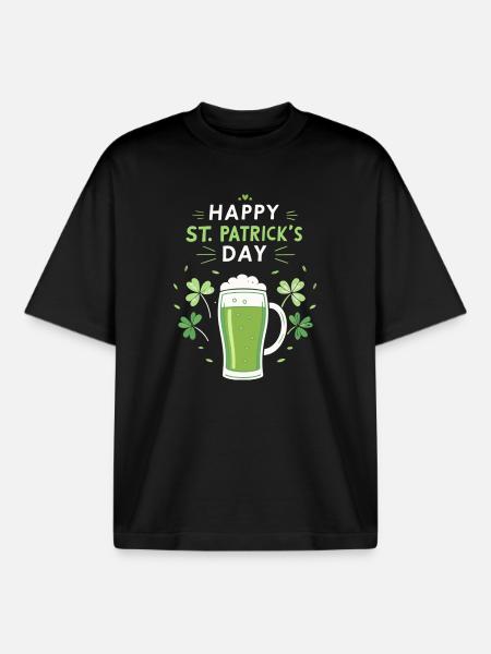 Verre vert Saint-Patrick et trèfles - T-shirt unisexe boxy épais biologique Stanley/Stella - noir