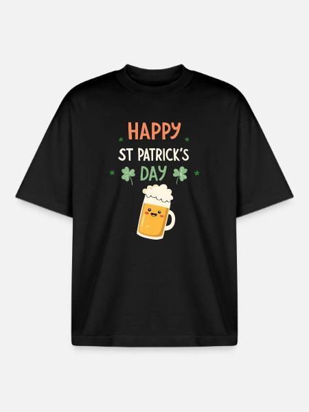 Saint-Patrick Happy Bière Dessin - T-shirt unisexe boxy épais biologique Stanley/Stella - noir
