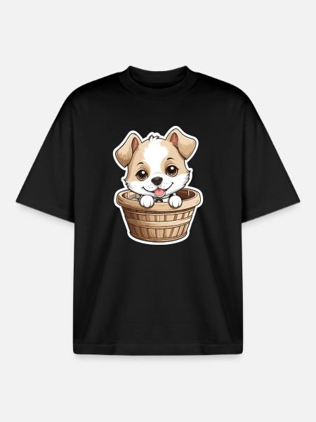 Cute dog in dog basket - Boxy Heavyweight Unisex Organic T-Shirt by Stanley/Stella - black