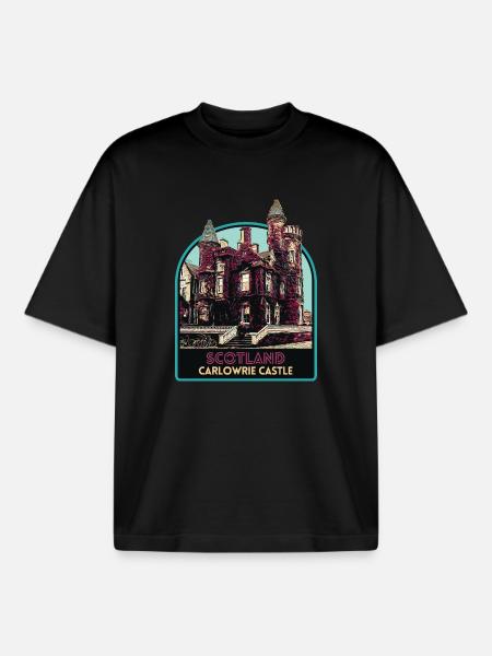 Illustration Carlowrie Castle, Scotland - Boxy Heavyweight Unisex Organic T-Shirt by Stanley/Stella - black