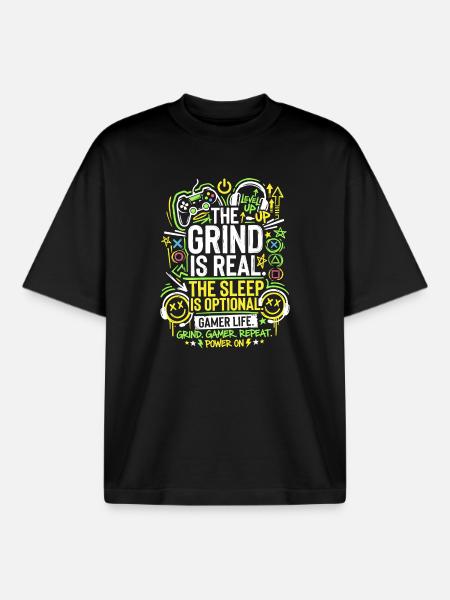 The Grind Is Real Gamer Life - Boxy Heavyweight Unisex Organic T-Shirt by Stanley/Stella - black
