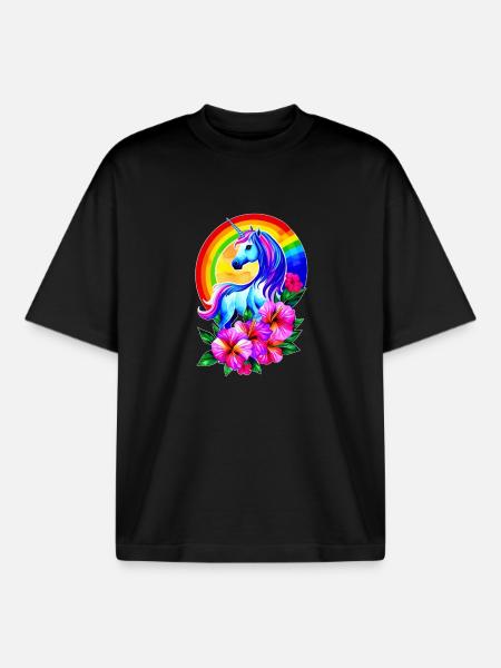 Magisches Regenbogen-Einhorn mit Blumen - Boxy Heavyweight Unisex Organic T-Shirt von Stanley/Stella - Schwarz