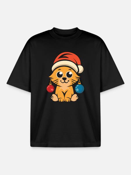 Cute Christmas cat with hat - Boxy Heavyweight Unisex Organic T-Shirt by Stanley/Stella - black