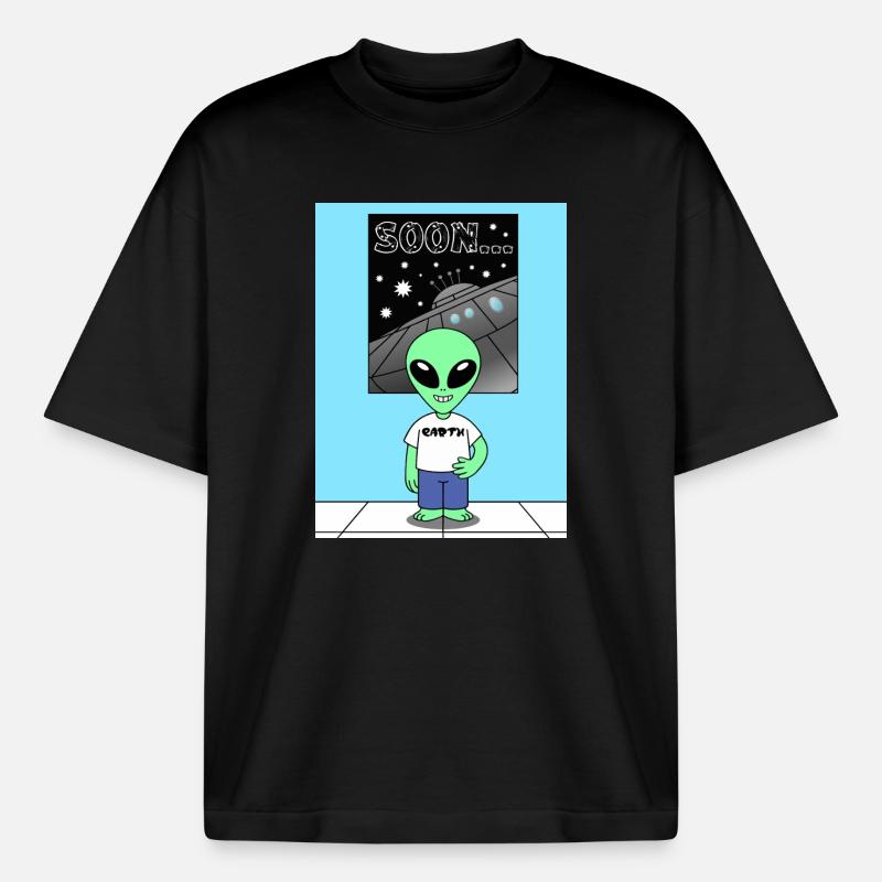 Alien devant le vaisseau spatial Terre - T-shirt unisexe boxy épais biologique Stanley/Stella - noir