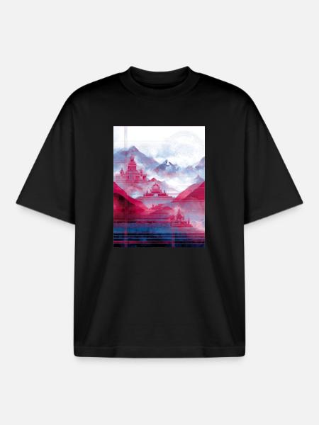 Psy-Art - Tempel über Berglandschaft - Boxy Heavyweight Unisex Organic T-Shirt von Stanley/Stella - Schwarz