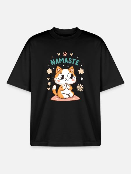 Namaste Chat Kawaï Pastel - T-shirt unisexe boxy épais biologique Stanley/Stella - noir