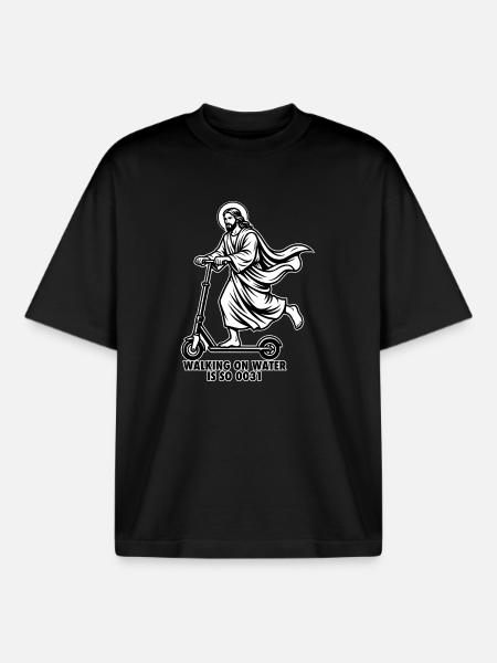 Jesus E-Scooter - Funny Walking On Water Meme - Boxy Heavyweight Unisex Organic T-Shirt by Stanley/Stella - black