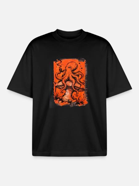 Octopus with Pipe on Mushroom - Boxy Heavyweight Unisex Organic T-Shirt by Stanley/Stella - black