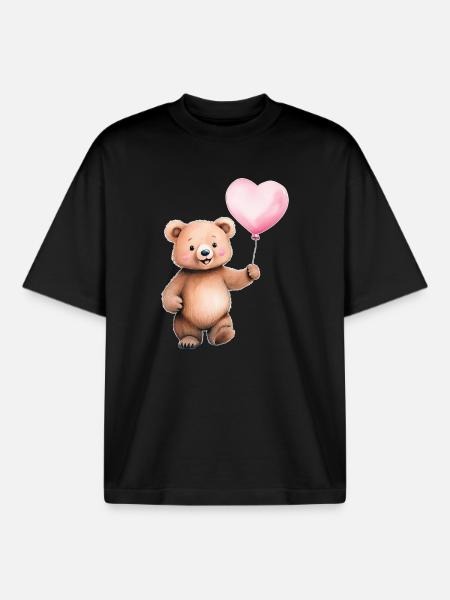 Heart Balloon Teddy - Boxy Heavyweight Unisex Organic T-Shirt by Stanley/Stella - black