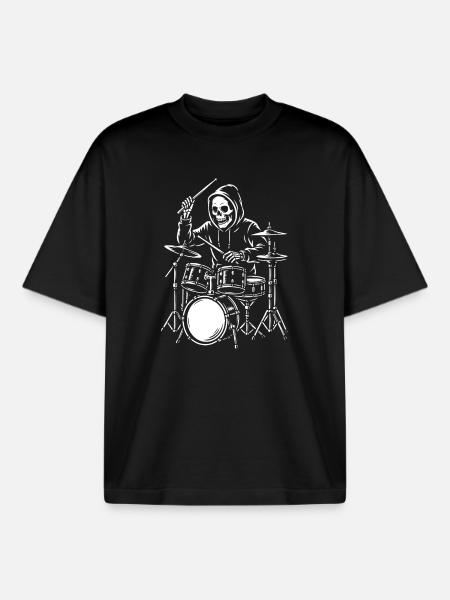 Skeleton Drummer in Hoodie - Boxy Heavyweight Unisex Organic T-Shirt by Stanley/Stella - black