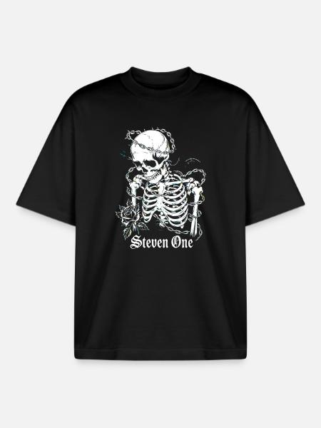 Skeleton with chain and flower - Boxy Heavyweight Unisex Organic T-Shirt by Stanley/Stella - black