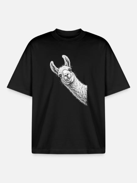 Funny peeking llama - Boxy Heavyweight Unisex Organic T-Shirt by Stanley/Stella - black