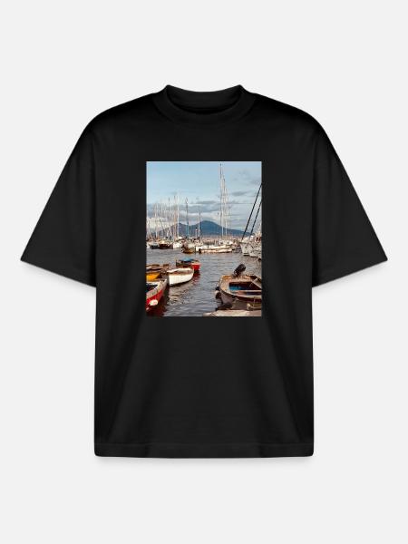 Harbour nautical landscape - Boxy Heavyweight Unisex Organic T-Shirt by Stanley/Stella - black