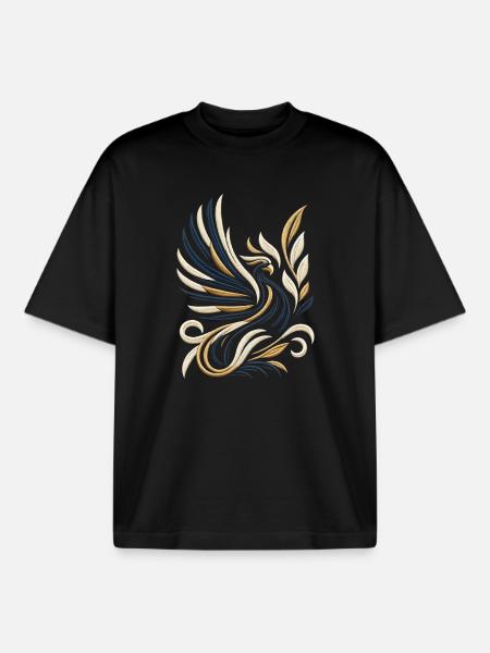 Golden Phoenix Embroidery Tee - Boxy Heavyweight Unisex Organic T-Shirt by Stanley/Stella - black