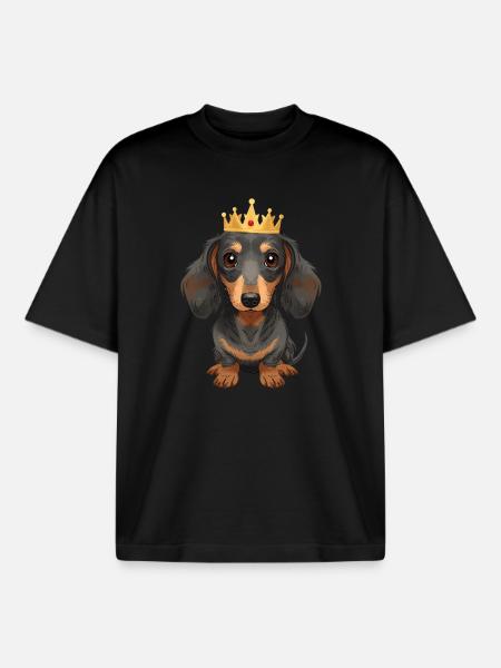 Petit teckel avec couronne design mignon - T-shirt unisexe boxy épais biologique Stanley/Stella - noir