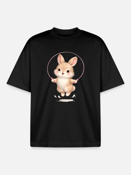 Cute bunny jumping rope - Boxy Heavyweight Unisex Organic T-Shirt by Stanley/Stella - black
