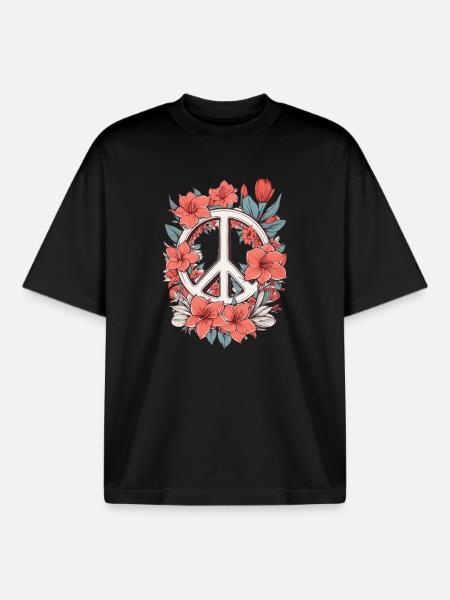Peace sign with flowers - Boxy Heavyweight Unisex Organic T-Shirt by Stanley/Stella - black