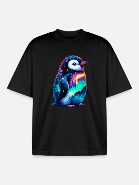 Aurora Borealis Penguin - Boxy Heavyweight Unisex Organic T-Shirt by Stanley/Stella - black