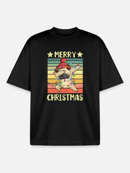 Merry Christmas Dog Pug - Boxy Heavyweight Unisex Organic T-Shirt by Stanley/Stella - black