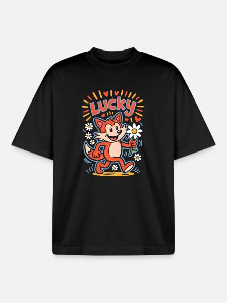 Lucky Cartoon Fox with Daisy - Boxy Heavyweight Unisex Organic T-Shirt by Stanley/Stella - black