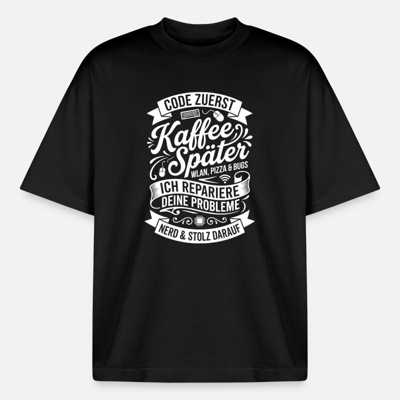 Code First Coffee Later - Heavyweight Boxy Unisex T-Shirt by Stanley/Stella - black