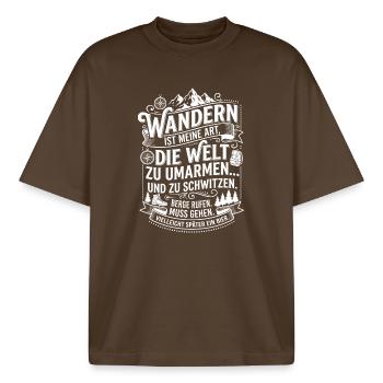 Hiking is my way of embracing the world - Boxy Heavyweight Unisex Organic T-Shirt by Stanley/Stella - mocha - Front - AI Model Male 185 light (185cm) & AI Model Female 172 dark (172cm)
