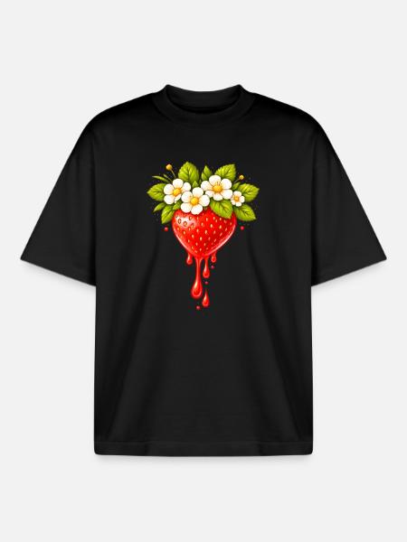 Erdbeere mit Blüten und Tropfen - Boxy Heavyweight Unisex Organic T-Shirt von Stanley/Stella - Schwarz