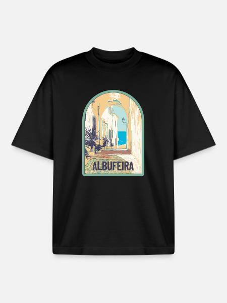 Picturesque street in Albufeira's old town - Boxy Heavyweight Unisex Organic T-Shirt by Stanley/Stella - black