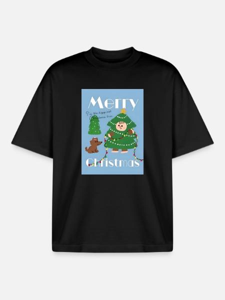 Cute Christmas Tree Illustration - Boxy Heavyweight Unisex Organic T-Shirt by Stanley/Stella - black