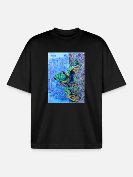 Frog on tree with city view - Boxy Heavyweight Unisex Organic T-Shirt by Stanley/Stella - black