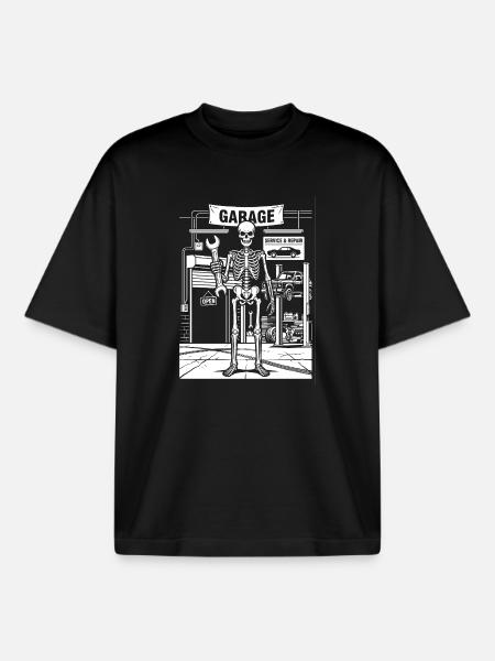 Skeleton in the Garage Auto Shop - Boxy Heavyweight Unisex Organic T-Shirt by Stanley/Stella - black